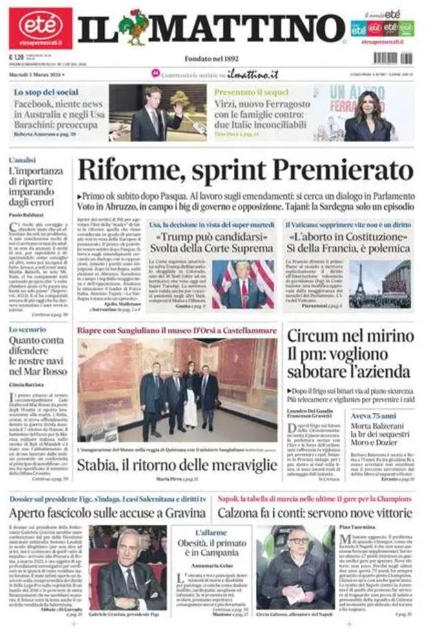 PRIMA PAGINA Il Mattino Calzona Fa I Conti Servono Nove Vittorie