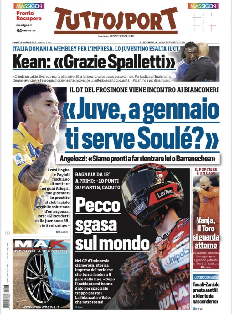 PRIMA PAGINA Tuttosport Juve a gennaio ti serve Soulé