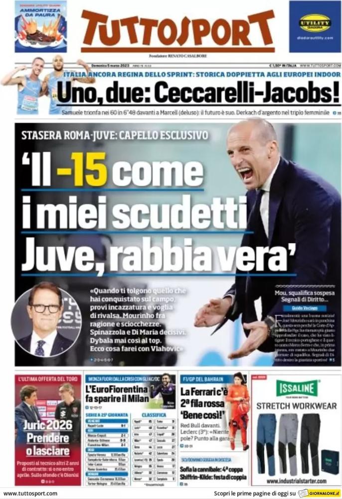 PRIMA PAGINA - Tuttosport: "Il -15 Come I Miei Scudetti Juve, Rabbia Vera"