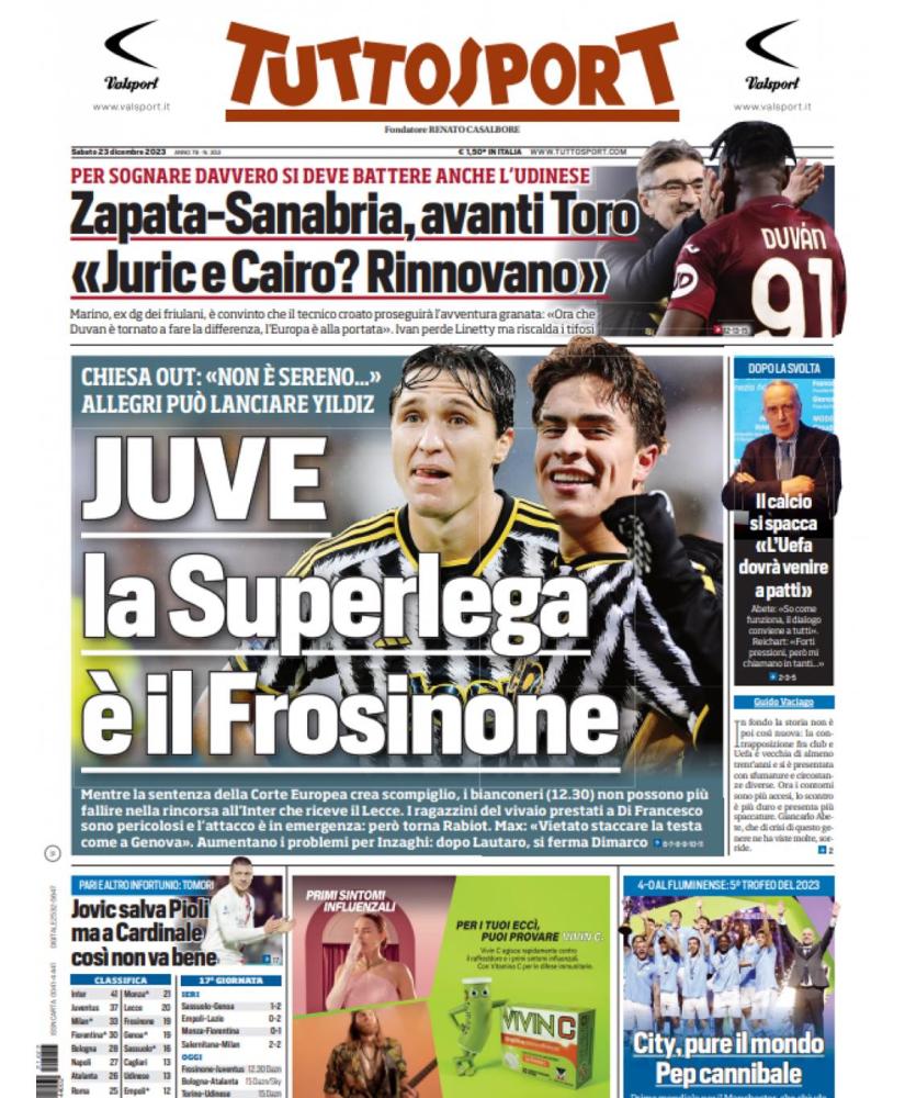 PRIMA PAGINA - Tuttosport: “Juve, La Superlega è Il Frosinone"