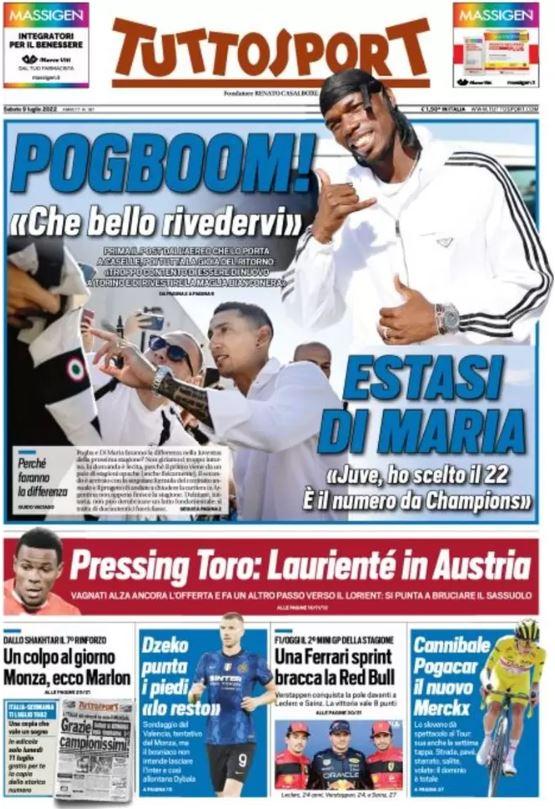 PRIMA PAGINA - Tuttosport Apre Con La Juve: "Pogboom! Estasi Di Maria"