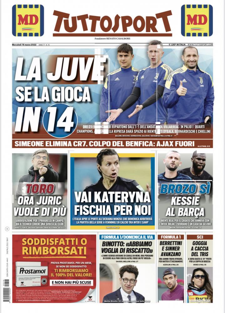 PRIMA PAGINA - Tuttosport: "La Juve Se La Gioca In 14"