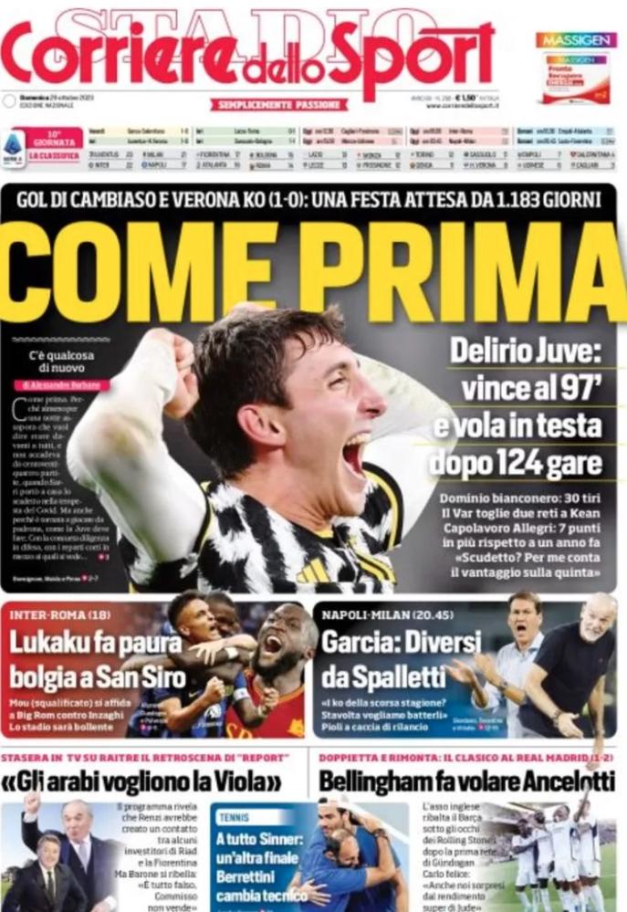 PRIMA PAGINA - Corriere dello Sport celebra la Juve: 