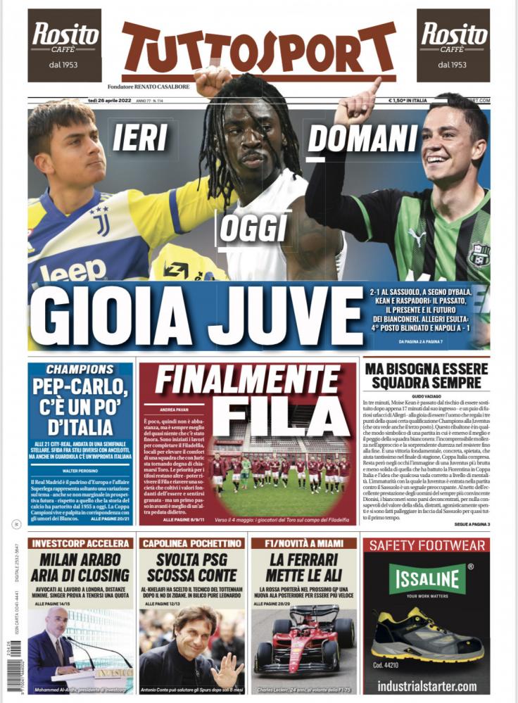 PRIMA PAGINA - Tuttosport: “Gioia Juve”